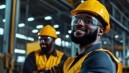 Two workers wearing safety helmets and goggles, smiling, in an industrial setting with machinery in the background. Concept Industrial Safety, Teamwork in Manufacturing, Smiling Workers