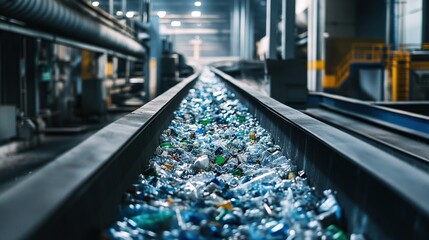 Obraz premium A recycling facility separating glass, metal, and plastic, efficiently converting waste into materials for new products.