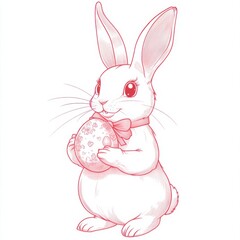 Obraz premium A cute, cartoonish bunny holding a decorated egg, adorned with a bow, perfect for Easter-themed artwork or designs.