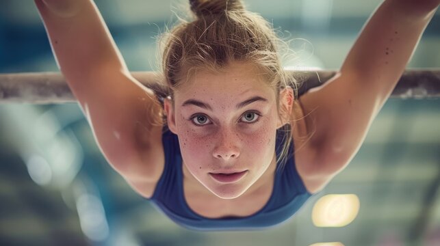 Young Female Gymnast Performing on Parallel Bars with Intense Focus and Determination in a Training Arena