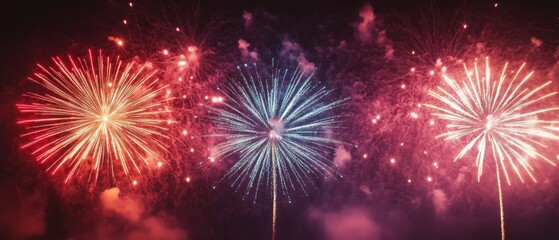 Naklejka premium Multicolored fireworks light up the night sky, forming a stunning trio that captivates viewers with their vibrant, synchronized bursts.