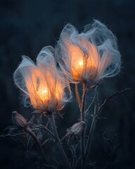 Illuminated cotton flowers at dusk nature ethereal atmosphere close-up view