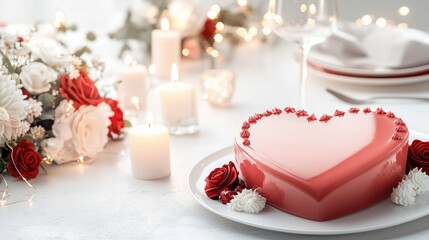 Romantic Table Setting with Valentine Cake, featuring a heart-shaped cake