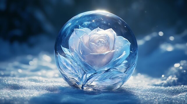 Eine wundersch&ouml;ne Eis-Rose in einer glasartigen, gefrorenen Kugel