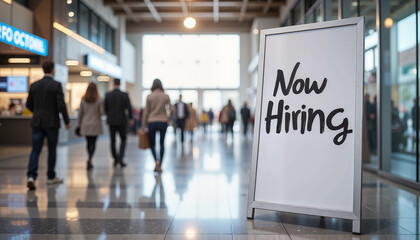 "Now Hiring" Sign in a Busy Hallway: Great for businesses, job boards, attract candidates