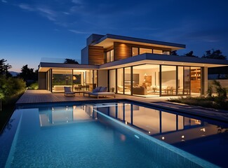 Fototapeta premium nighttime view of a modern home with a pool and patio