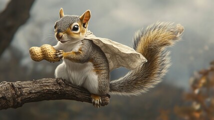 A playful squirrel in a superhero cape, perched on a branch, holding a peanut like a trophy, ready to leap into action.