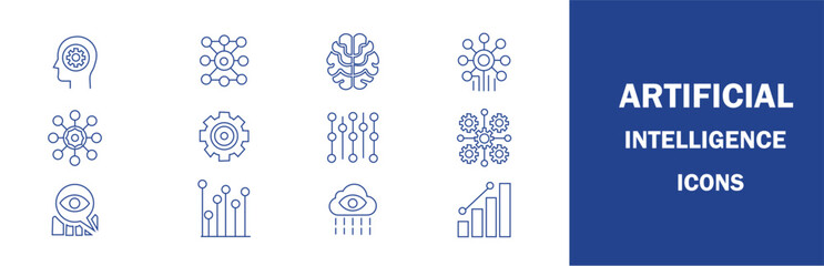 Collection of modern and minimalistic artificial intelligence icons, featuring brain, neural networks, gears, data analytics, and machine learning concepts