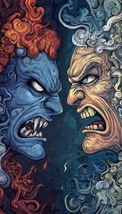 illustration of two faces of a demon and a demon with red hair