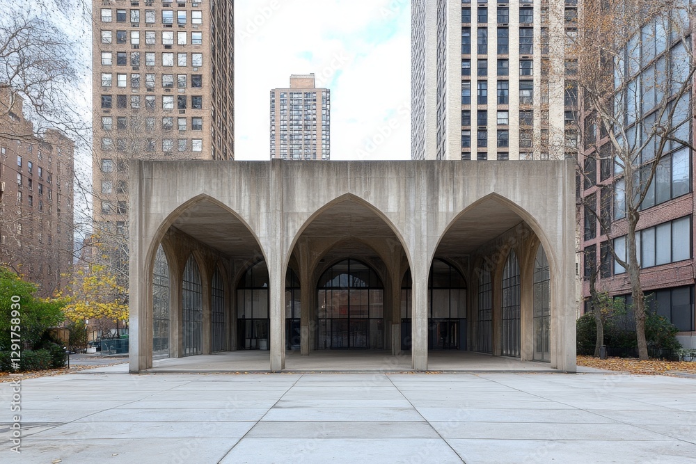 Poster A brutalist architecture building in the middle of an urban plaza, with tall buildings behind it. The structure is made from concrete and features symmetrical arches at its entrance. It has
