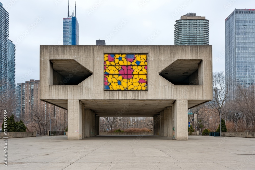 Poster A brutalist architecture building in the middle of an urban plaza, with tall buildings behind it. The structure is made from concrete and features symmetrical arches at its entrance. It has