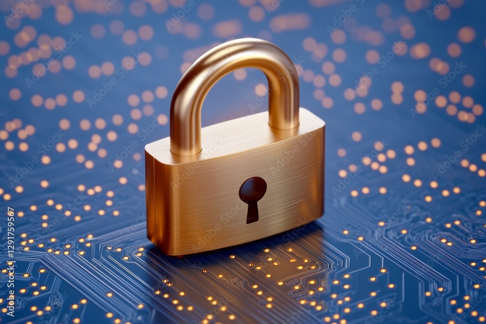Poster A close-up of an electronic lock on top of a circuit board, symbolizing digital security and data protection. The padlock is glowing with a golden light against the dark background filled with