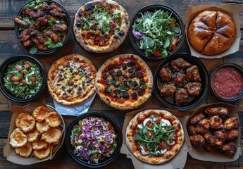 Fototapeta premium A Vibrant Spread of Diverse Dishes Featuring Pizzas, Salads, Chicken Wings, and Appetizers on a Rustic Wooden Table