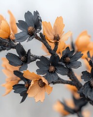 Flowering branches with unique black and orange blooms nature close-up artistic natural beauty
