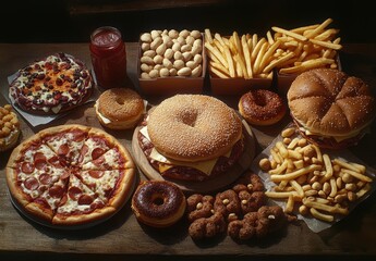 Fototapeta premium An Array of Delicious Fast Food Items Including Burgers, Pizza, Fries, Donuts, and Snacks Perfect for a Scrumptious Feast or Gathering