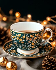 Fototapeta premium Elegant cup with decorated saucer and coffee in a classic style Elegant coffee cup with decorated saucer and rich coffee Elegant tea cup with decorated saucer and hot coffee beverage