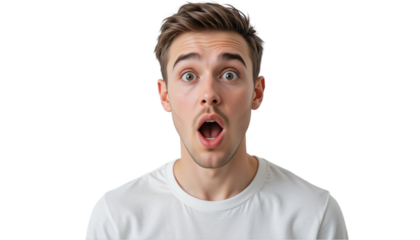 young man with surprised look on his face isolated on transparent background