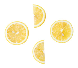 Top view set of fresh ripe yellow lemon fruits in halves and slices or quarters isolated with clipping path in png file format