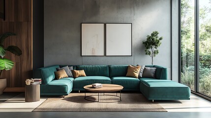 Beautiful Modern Living room Interior with furniture's ,mockup frame , posters, wall -3d Rendering