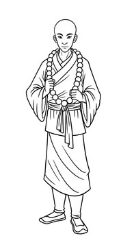 monk standing, holding prayer beads, black and white clip art preview