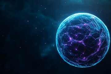 A glowing, futuristic sphere with network connections radiating from it, set against the backdrop of deep space with distant stars and galaxies in soft focus. The scene conveys an impression