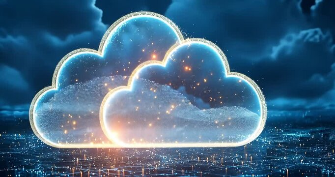 Glowing digital cloud above a futuristic cityscape, symbolizing cloud computing and data storage.