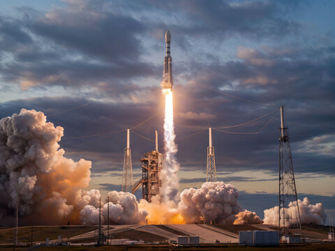 Cohete espacial despega a misi&oacute;n cient&iacute;fica en una hermosa tarde.