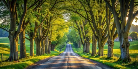 Sunlit Country Road Arched by Lush Green Trees Leading to a Serene Vista