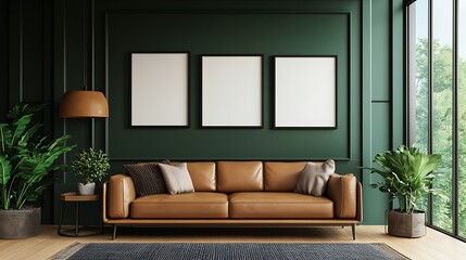 Fototapeta premium Beautiful Modern Living room Interior with furniture's ,mockup frame , posters, wall -3d Rendering