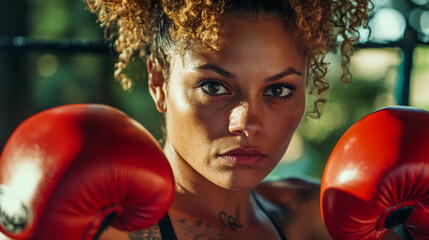 Determined female boxer wearing red gloves, training intensely near urban wall, preparing for competitive match