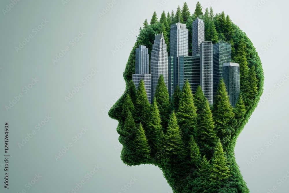 Poster a human head made of green trees, with city buildings floating in the air inside it. the background 