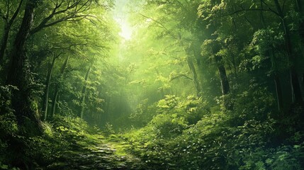 Fototapeta premium Enchanted Green Forest Path, A Serene Journey Through Nature's Embrace