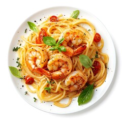 araffy shrimp pasta with tomatoes and basil on a white plate