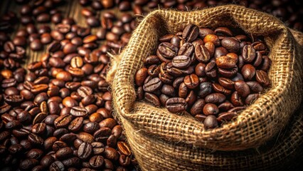 Fototapeta premium A burlap sack brimming with aromatic, dark roasted coffee beans, nestled amongst a generous scattering of similar beans, creating a rich and inviting visual display of coffee's essence.