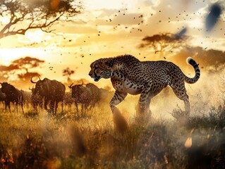 Cheetah silhouette, savannah landscape with running herd, double exposure, dynamic energy