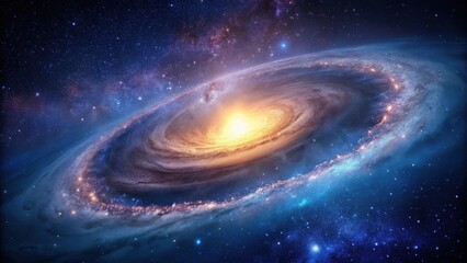 Obraz premium A breathtaking view of a spiral galaxy's majestic core, showcasing vibrant hues of blue, purple, and gold, interspersed with countless stars and cosmic dust.