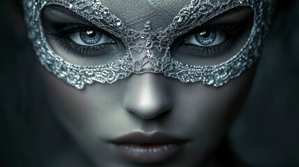 A close-up of the mysterious woman's face, wearing an elegant lace mask with sparkling diamonds on her eyes and lips.