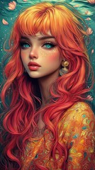 Naklejka premium Enchanting Digital Portrait of a Young Woman with Fiery Red Hair and Blue Eyes