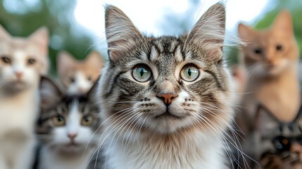 Fototapeta premium Curious tabby cat with striking green eyes in focus while other cats blur in background, creating depth of field effect in outdoor pet portrait.