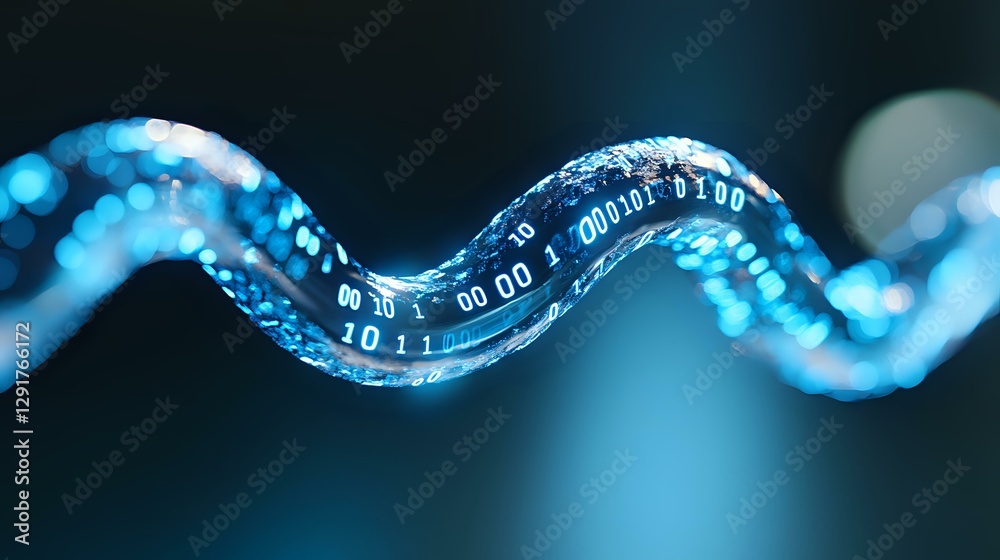 Poster glowing digital dna strand with binary code pattern on dark background represents genetic engineerin
