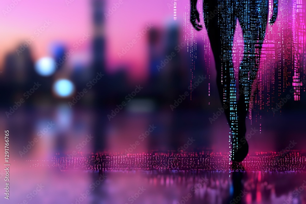 Poster digital silhouette with binary code stream on purple and pink cyberpunk background with city skyline