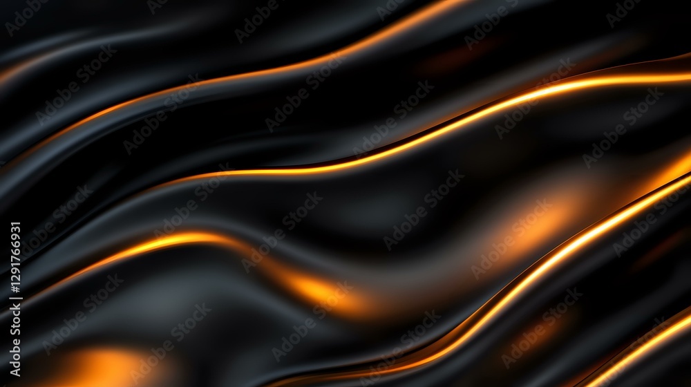 Poster glowing orange and golden light waves flow across dark black silky smooth background creating dynami