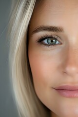 Obraz premium Close-up portrait showing half face of young blonde woman with green eyes, natural makeup, long eyelashes and soft pink lips against blurred background.