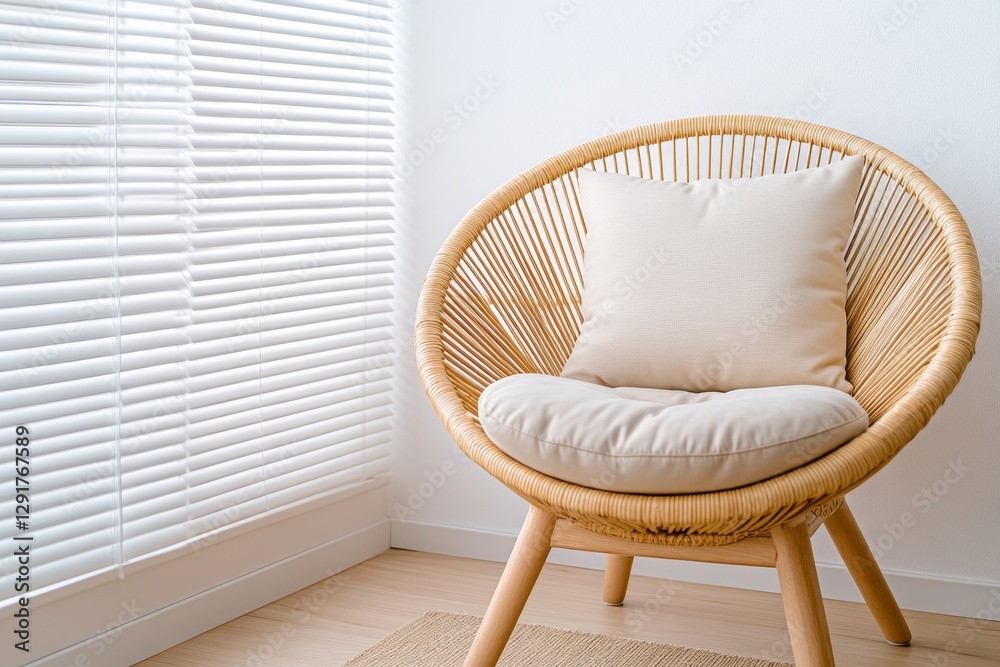 Aufkleber A mockup of an empty wall in the corner, a large round beige armchair with soft cushions and some small golden decor on it stands next to the window with blinds, a light brown carpet on the