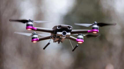 Drone flying in forest background. Possible use Stock photo of drone in flight