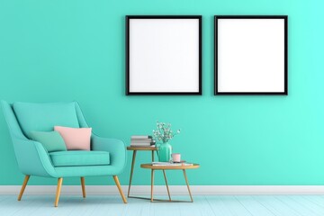 A modern living room with three blank picture frames on the wall, showcasing an empty space for creative artwork or photography. The frames are black and white in color, creating contrast against