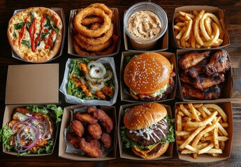 Assortment of Fast Food Delicacies Featuring Burgers, Chicken Wings, Onion Rings, Fries, and Pizza Laid Out in Takeout Boxes on Rustic Wooden Surface