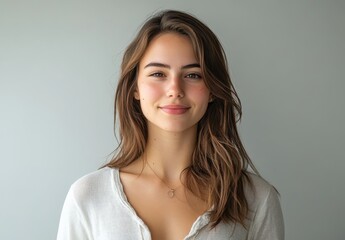 Fototapeta premium Beautiful young woman with long hair and natural makeup smiling confidently against a neutral background