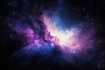 Fototapeta premium Vast cosmic nebulae swirling in deep space, glowing in vibrant purples and blues, forming an abstract celestial energy vortex