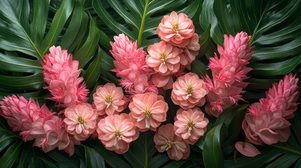 Vibrant pink tropical flowers among lush green leaves botanical art nature close-up serenity